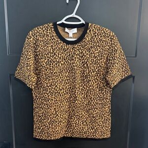 Michael Kors Leopard Print Sweater-Stretch Top with Black Trim